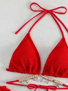 SHEIN Swim 带链条装饰的两件套比基尼泳装，海滩度假夏季 - 紅色 - 查看 4