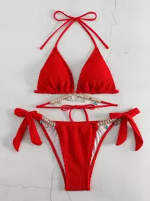 SHEIN Swim 带链条装饰的两件套比基尼泳装，海滩度假夏季 - 紅色 - 查看 5