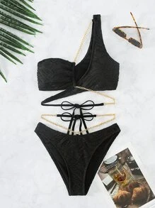 Swim SXY Summer Beach Chain Linked One Shoulder Bikini Set - Black - View 6