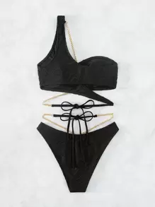 Swim SXY Summer Beach Chain Linked One Shoulder Bikini Set - Black - View 5
