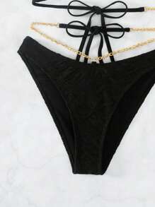 Swim SXY Summer Beach Chain Linked One Shoulder Bikini Set - Black - View 7