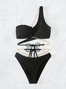 Swim SXY Summer Beach Chain Linked One Shoulder Bikini Set - Black - View 4