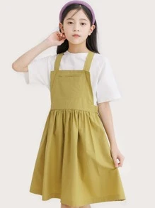 Chicas Vestido overol unicolor con bolsillo delantero sin camiseta - Caqui - Ver 1