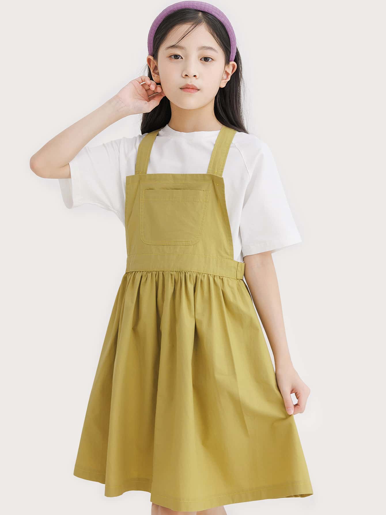 Chicas Vestido overol unicolor con bolsillo delantero sin camiseta - Caqui - Ver 1