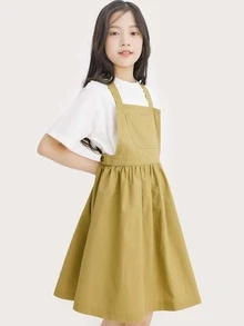 Chicas Vestido overol unicolor con bolsillo delantero sin camiseta - Caqui - Ver 4