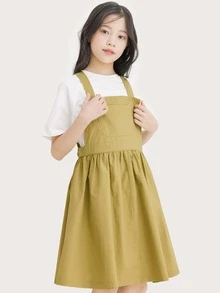 Chicas Vestido overol unicolor con bolsillo delantero sin camiseta - Caqui - Ver 6