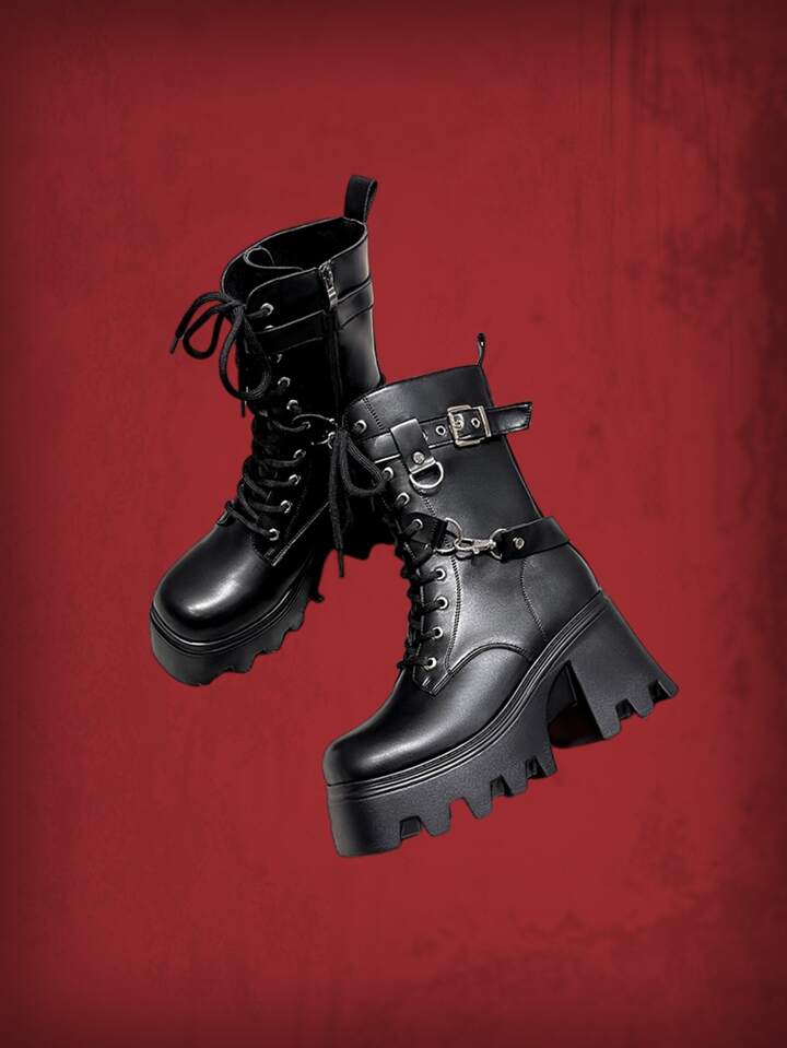 Grunge Punk Women Buckle Decor Lace-up Front Platform Fashion Boots, Punk  Black Combat Boots