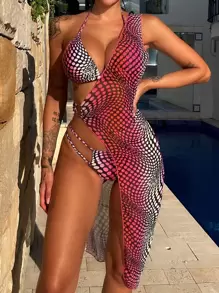 圓點露背三角型夏季沙灘比基尼套裝，配有遮陽衣 - 彩色 - 查看 1