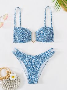 Swim Mod Summer Ditsy Floral Print Bikini Set Ring Linked Cami Bra & Cheeky Bottom 2 Pieces Bathing Suit