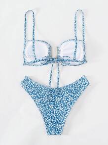 Swim Mod Summer Ditsy Floral Print Bikini Set Ring Linked Cami Bra & Cheeky Bottom 2 Pieces Bathing Suit