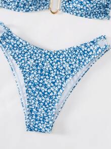 Swim Mod Summer Ditsy Floral Print Bikini Set Ring Linked Cami Bra & Cheeky Bottom 2 Pieces Bathing Suit