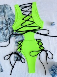 SHEIN Swim 夏季海灘蕾絲綁帶背心露背霓虹單件泳衣 - 青檸色 - 查看 2