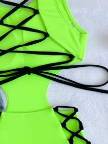 SHEIN Swim 夏季海灘蕾絲綁帶背心露背霓虹單件泳衣 - 青檸色 - 查看 3