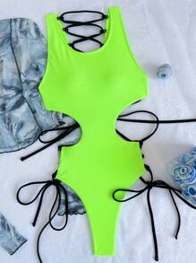 SHEIN Swim 夏季海灘蕾絲綁帶背心露背霓虹單件泳衣 - 青檸色 - 查看 4