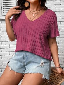 Calvaya Camiseta unicolor de cuello V - Rosa Fucsia - Ver 1