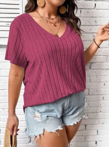 Calvaya Camiseta unicolor de cuello V - Rosa Fucsia - Ver 4