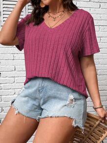 Calvaya Camiseta unicolor de cuello V - Rosa Fucsia - Ver 5