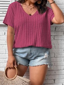 Calvaya Camiseta unicolor de cuello V - Rosa Fucsia - Ver 6