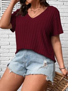 Calvaya 大碼素色V領T恤 - 紫紅色 - 查看 4