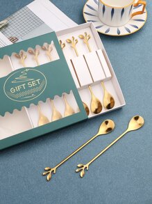 6pcs/Set Stainless Steel Spoon With Box, Creative Leaf Design Dessert Spoon For Gift School Supplies,Christmas Gift
