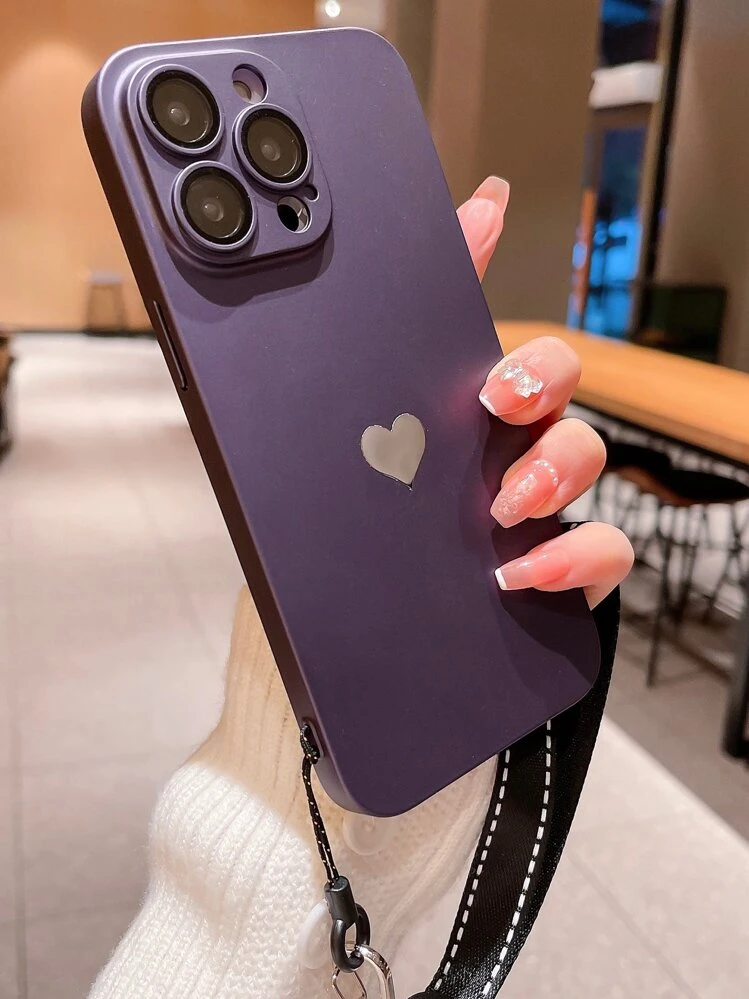High Quality Ultra-Thin 0.8MM PC Faux Leather, Wear-Resistant, Oil Holes With Lens Film, Electroplating Heart Logo+Fabric Lanyard, New Premium Phone Case Cover Compatible With Iphone 16 Series - Purple - View 2