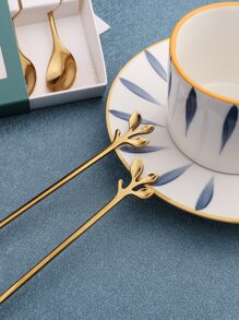 6pcs/Set Stainless Steel Spoon With Box, Creative Leaf Design Dessert Spoon For Gift School Supplies,Christmas Gift
