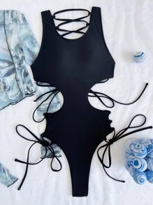 SHEIN Swim 繫帶露背連體泳衣 - 黑色 - 查看 4