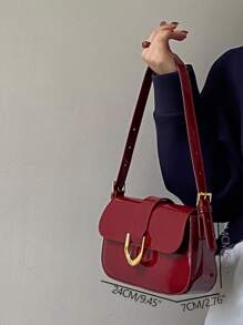 翻盖方形包金属装饰复古纯色方形单肩包百搭翻盖腋下钱包女士简约腋下包，勃艮第包和新年理想礼物，时尚商务休闲女士包，非常适合办公室、商务和工作，时尚勃艮第包 - 酒紅色 - 查看 4