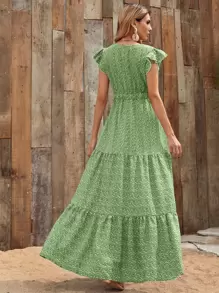 SHEIN VCAY Ditsy Floral Ruffle Hem Dress - Green - View 2