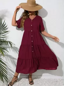 SHEIN VCAY Plus Button Front Ruffle Hem Smock Dress - Burgundy - View 1