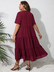 SHEIN VCAY Plus Button Front Ruffle Hem Smock Dress - Burgundy - View 2