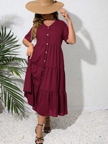 SHEIN VCAY Plus Button Front Ruffle Hem Smock Dress - Burgundy - View 3