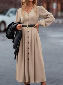 SHEIN Privé Solid Button Front Lantern Sleeve Pleated Hem Dress - Apricot - View 3