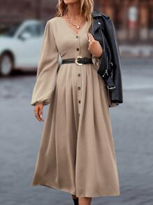 SHEIN Privé Solid Button Front Lantern Sleeve Pleated Hem Dress - Apricot - View 5