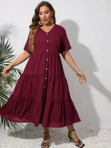 SHEIN VCAY Plus Button Front Ruffle Hem Smock Dress - Burgundy - View 5