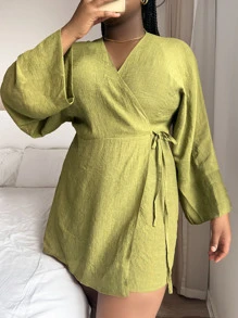SHEIN Swim Curve Plus Flounce Sleeve Wrap Knot Side Kimono, For Summer Beach Vacation - Olive Green - View 1