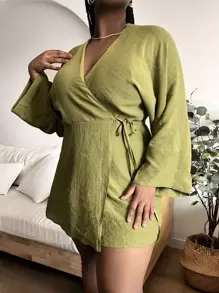 SHEIN Swim Curve Plus Flounce Sleeve Wrap Knot Side Kimono, For Summer Beach Vacation - Olive Green - View 2