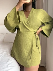 SHEIN Swim Curve Plus Flounce Sleeve Wrap Knot Side Kimono, For Summer Beach Vacation - Olive Green - View 3