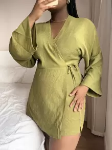 SHEIN Swim Curve Plus Flounce Sleeve Wrap Knot Side Kimono, For Summer Beach Vacation - Olive Green - View 4