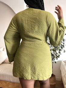 SHEIN Swim Curve Plus Flounce Sleeve Wrap Knot Side Kimono, For Summer Beach Vacation - Olive Green - View 6