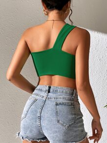 SHEIN VCAY 女式時尚墨綠色單肩針織上衣 - 綠色 - 查看 2