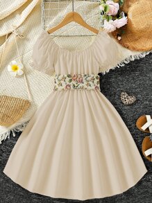女孩泡泡袖花卉圖案繫腰帶洋裝 - 杏色 - 查看 2