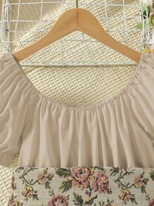 女孩泡泡袖花卉圖案繫腰帶洋裝 - 杏色 - 查看 3