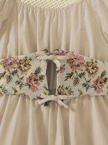 女孩泡泡袖花卉圖案繫腰帶洋裝 - 杏色 - 查看 4