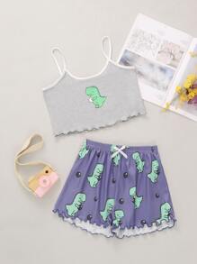 Girls' Dinosaur Print Cami Set For Home Wear - Multicolor - View 1