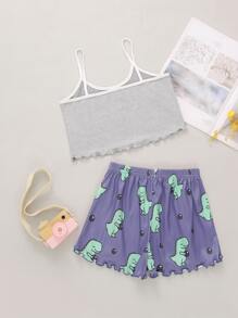 Girls' Dinosaur Print Cami Set For Home Wear - Multicolor - View 2