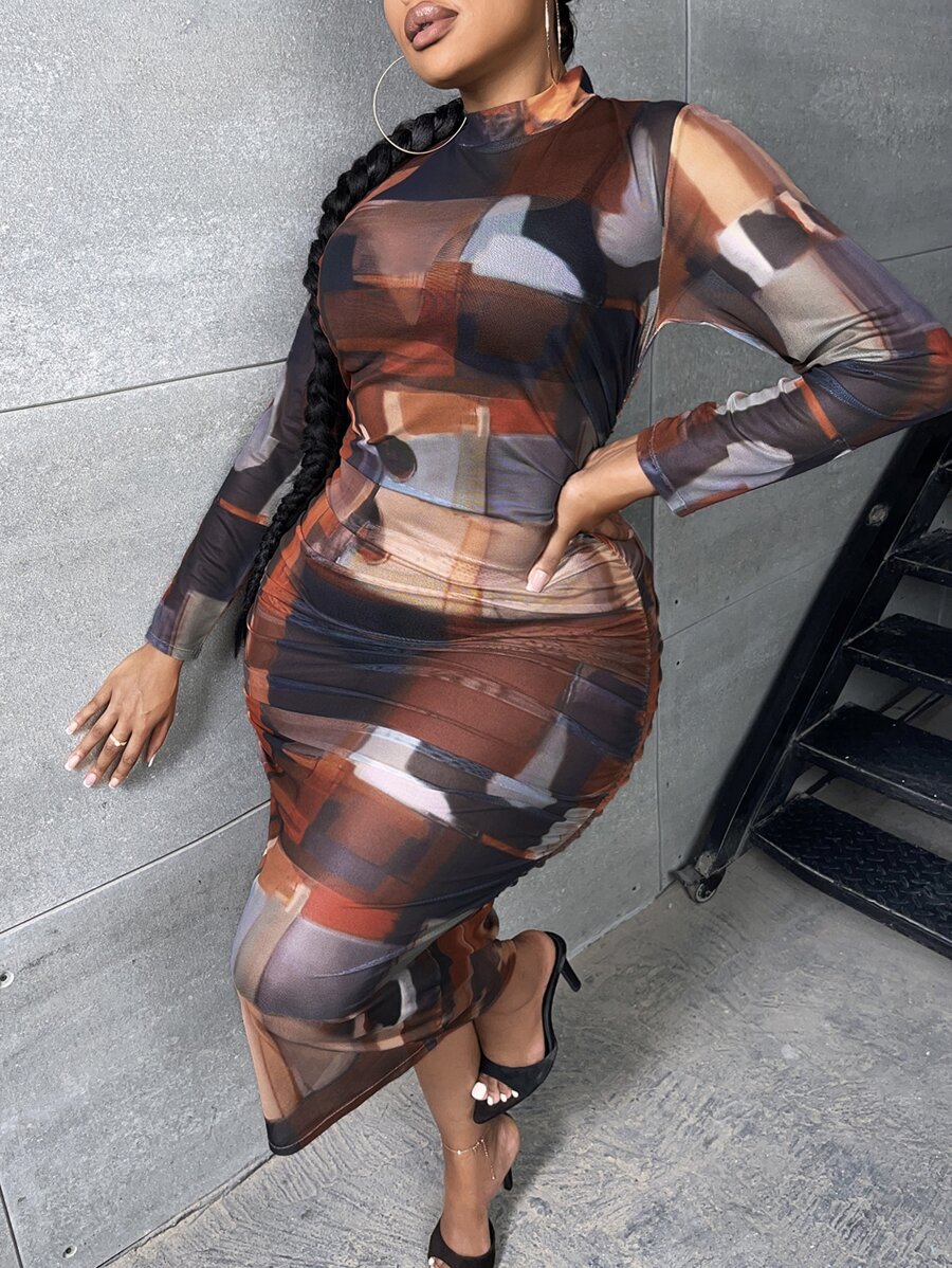 Slaydiva Plus Allover Print Mock Neck Ruched Mesh Bodycon Dress - Brown - View 1