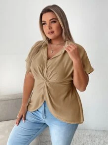 SHEIN Privé 大碼前扭結蝙蝠袖不對稱下擺襯衫 - 卡其色 - 查看 5