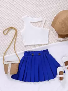 SHEIN 小女童不對稱領上衣和百褶半身裙 - 藍白色 - 查看 1