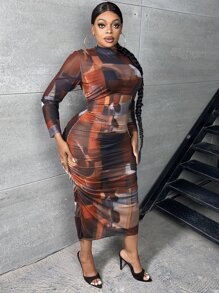 Slaydiva Plus Allover Print Mock Neck Ruched Mesh Bodycon Dress - Brown - View 3